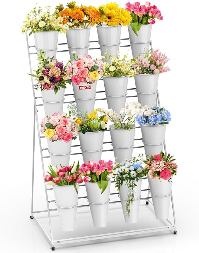 Flower Display Stand 4 Layers with 16 PCS Round Buckets, Plant Stand with Wheels, Movable Metal P... | Amazon (US)