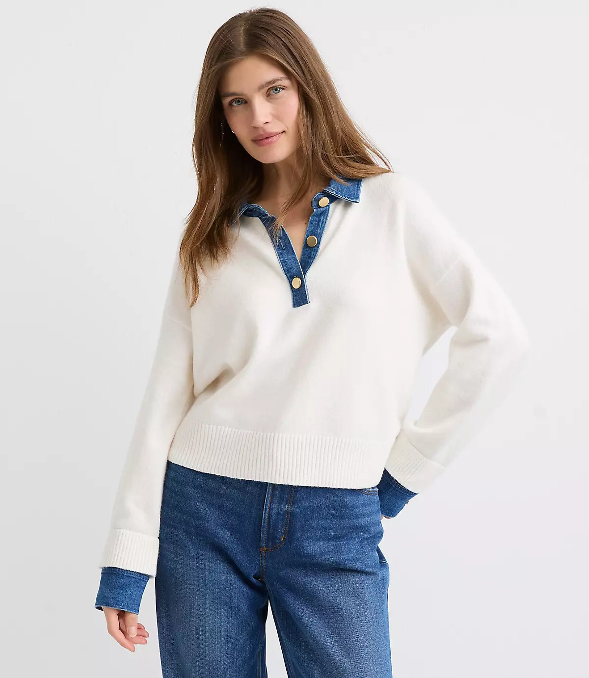 Denim Trim Henley Sweater | LOFT