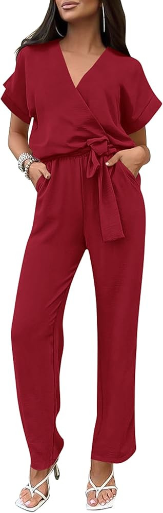 PRETTYGARDEN Women's One Piece Jumpsuits Dressy Casual Summer Short Sleeve Wrap V Neck Wide Leg P... | Amazon (US)