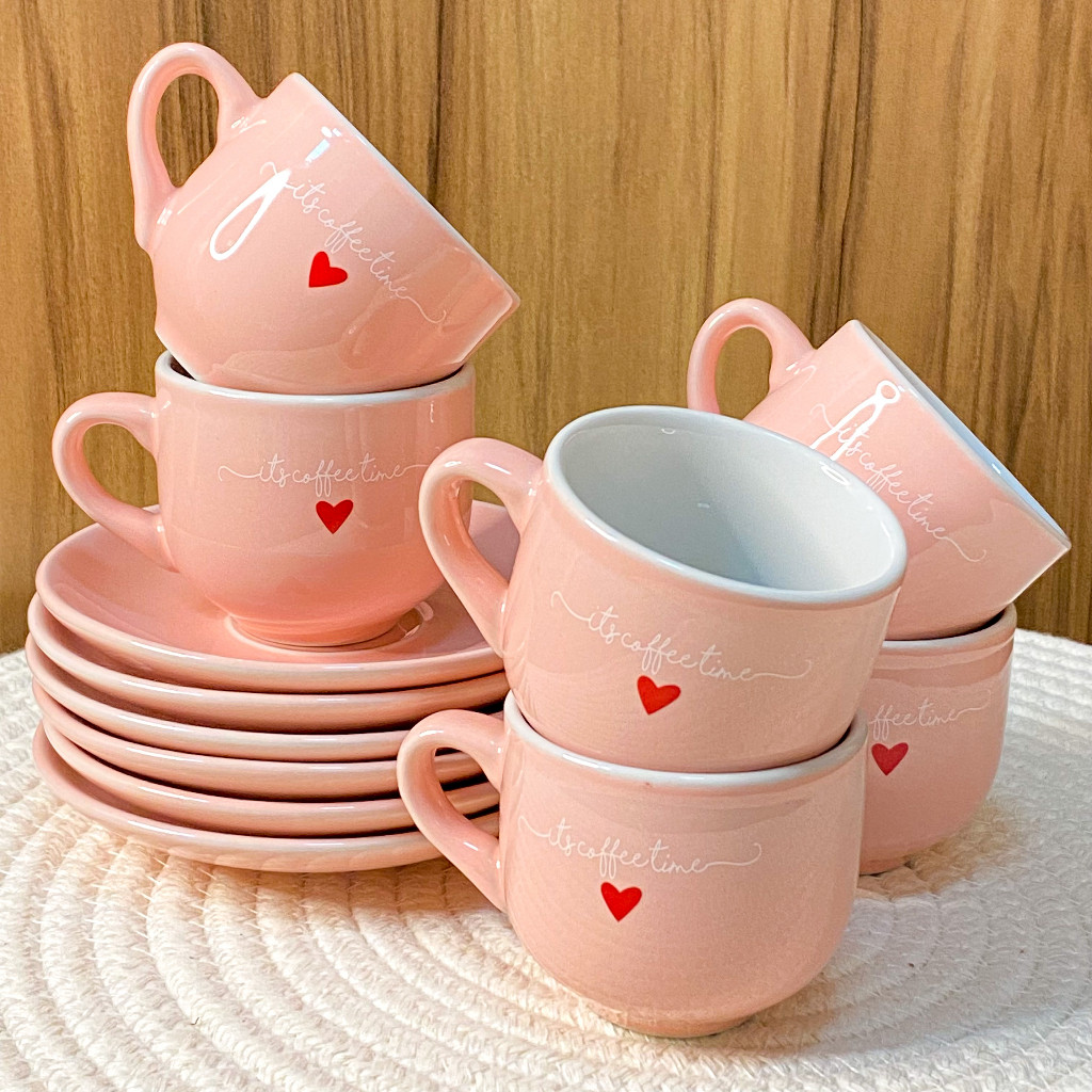 Jogo C/12 Peças  Xícaras Com pires Café Chá Porcelana/Cerâmica 90ml Lamour Rosa e Branca | Shopee (BR)
