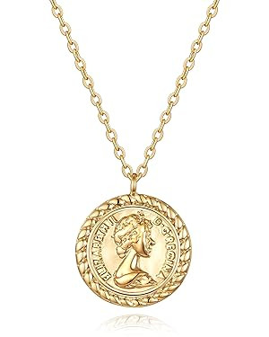 VACRONA Coin Necklace 18k Gold Plated Vintage Textured Medallion Coin Pendant Round Circle Disk D... | Amazon (US)