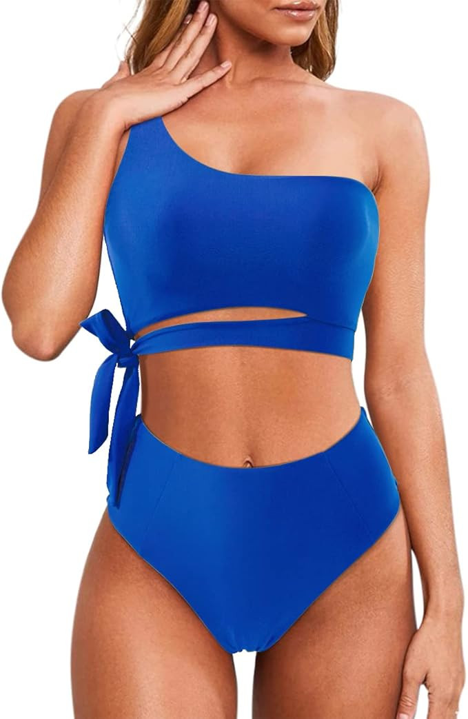 MOOSLOVER Women One Shoulder High Waisted Bikini Tie High Cut Two Piece Swimsuits | Amazon (US)