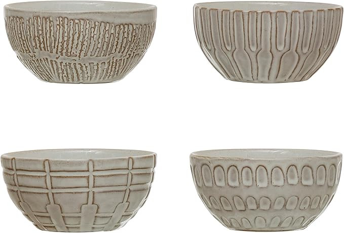 Creative Co-Op Debossed Stoneware Bowl, White, 4 Styles Dinnerware, Cream | Amazon (US)