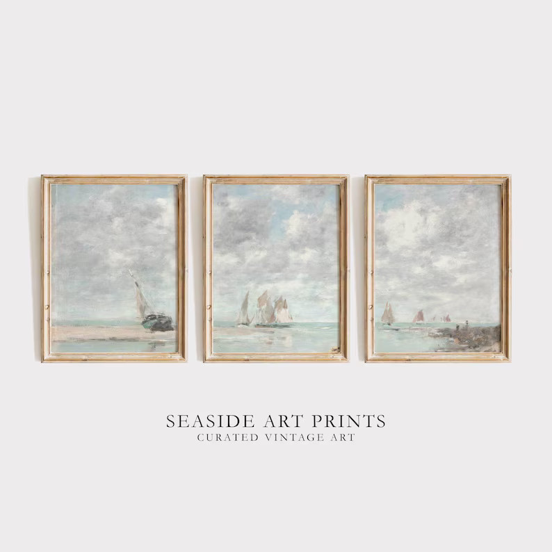Beach Art Prints - Set of Three, Vintage Coastal Painting, Antique Sailboat Art, Muted Colors Wal... | Etsy (US)