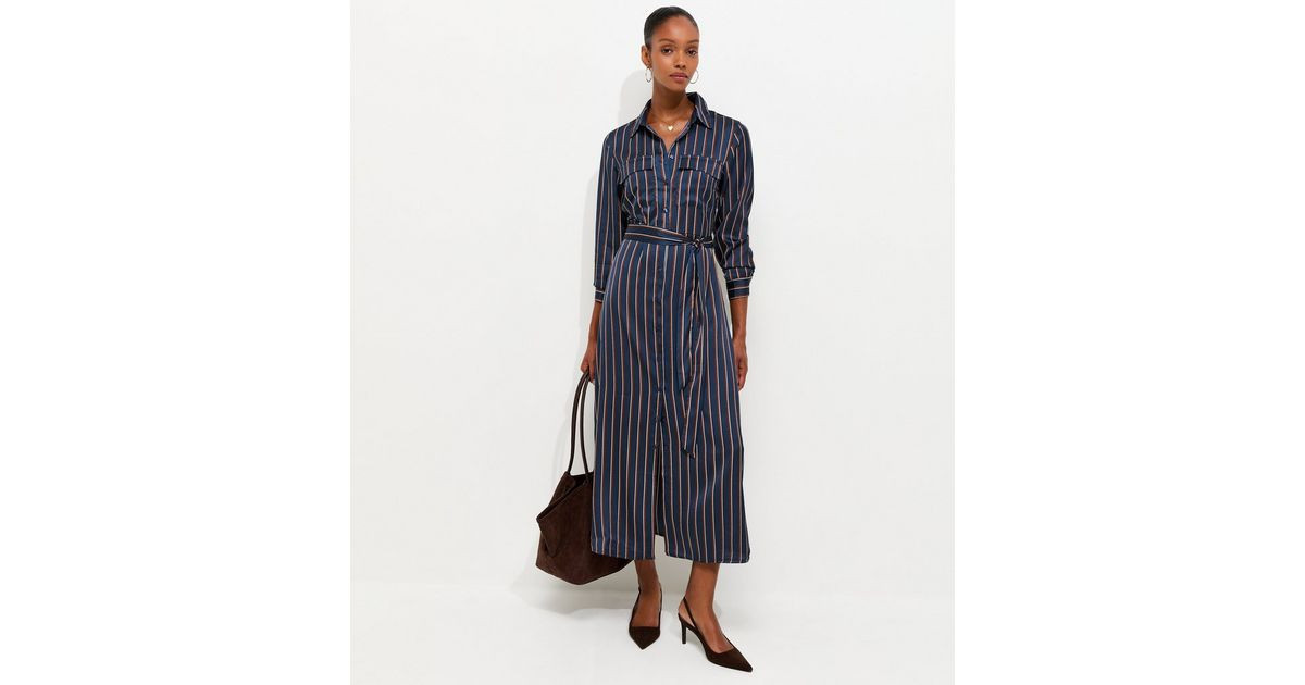 Women's Blue Satin Striped Midi Shirt Dress New Look | New Look (UK)