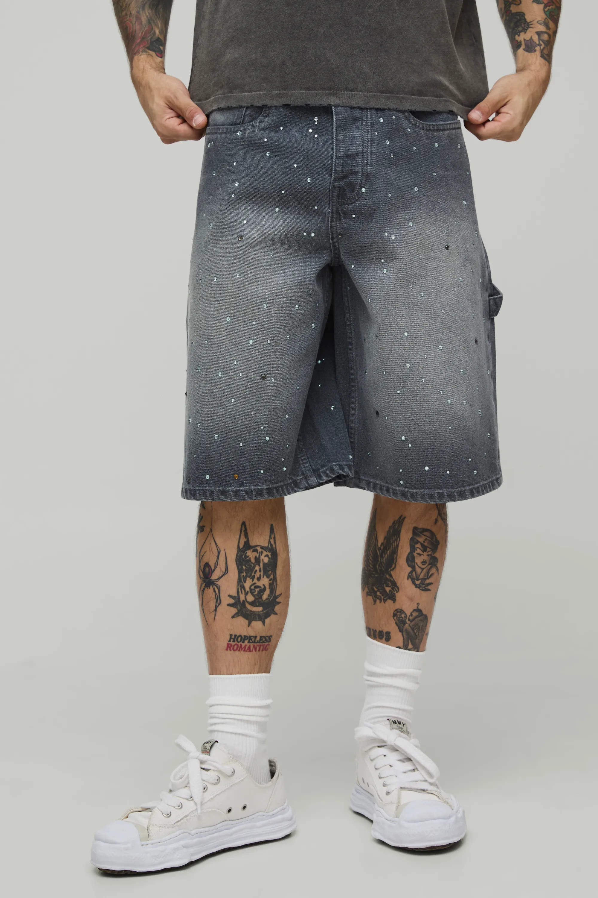 All Over Rhinestone Overdye Jorts | boohooMAN (US & Canada)