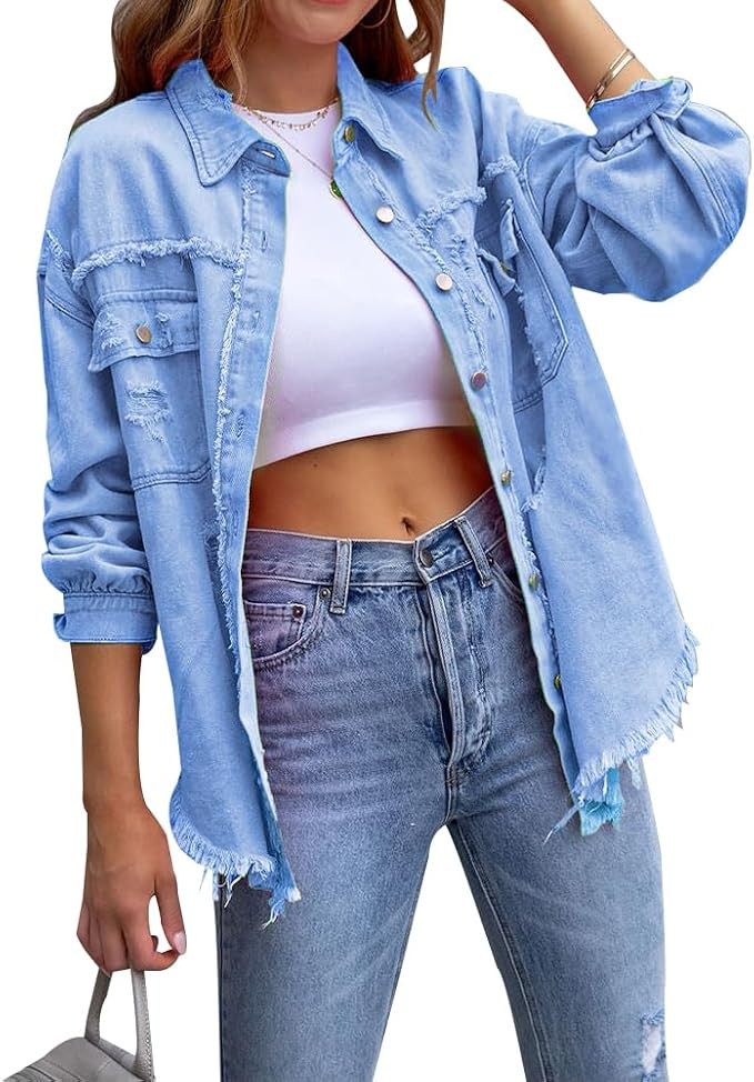Women's Button Down Oversized Denim Jackets Ripped Frayed Shacket Jean Coat Distressed Shirts wit... | Amazon (US)