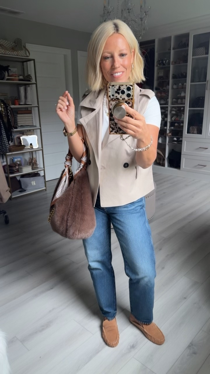 Tee medium
Vest small
Jeans sized down to a 2 (run big)
Shows TTS

#LTKootd #LTKOver40 #LTKmomlife
