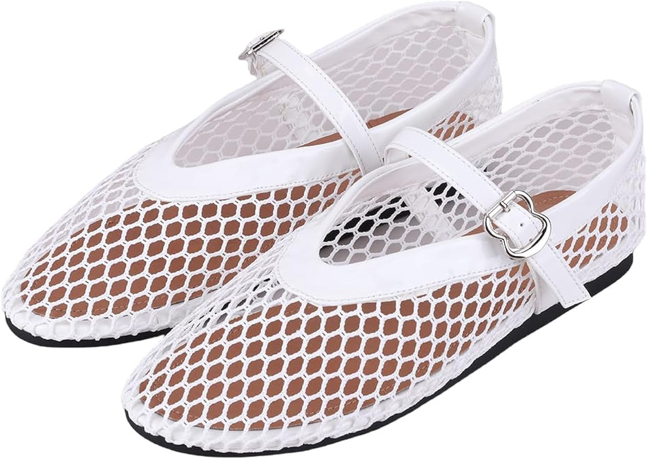 Mesh Ballet Flats for Women, Fashion Comfortable Round Toe Fishnet Buckle Mary Jane Casual Baller... | Amazon (UK)