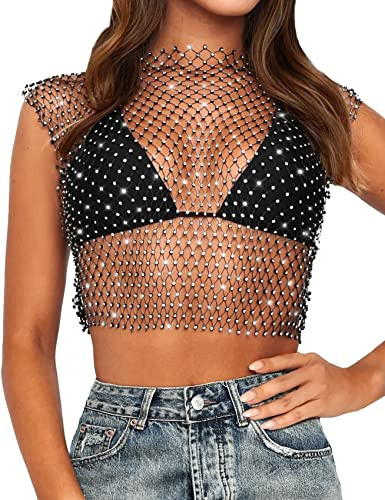 CYCLAMEN Women's Rhinestone Body Chains Sleeveless Crop Tank Tops Crystal See Through Mesh Diamond Fishnet Shirts Outfits, Black, One Size | Amazon (US)