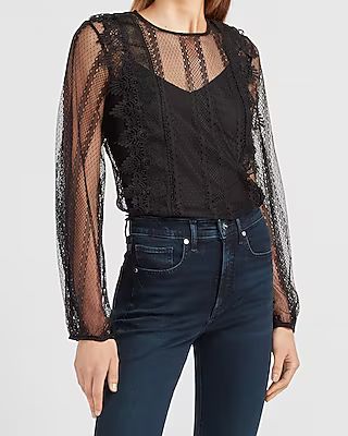 Sheer Lace Crew Neck Top Black Women's L | Express