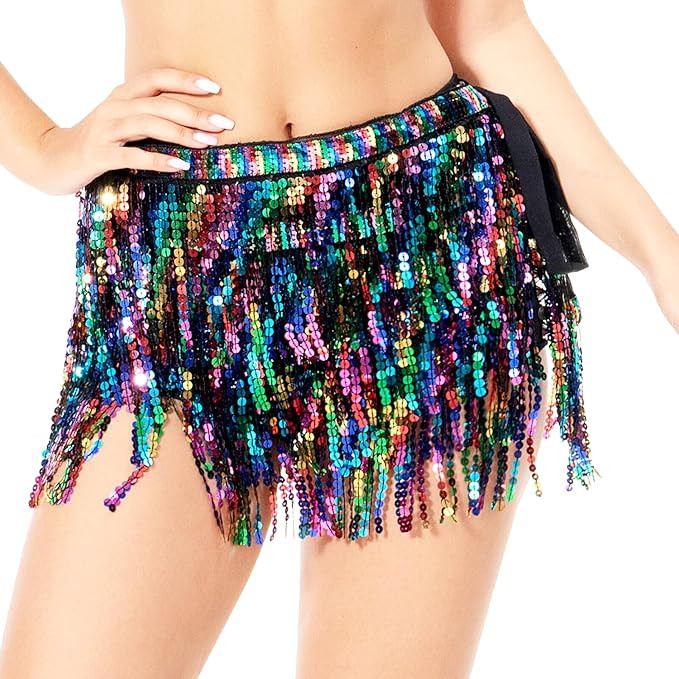 Women Boho Beach Sequin Tassel Mini Skirts Music Festival Party Club Hip Scarf Belt Wrap Skirt | Amazon (US)