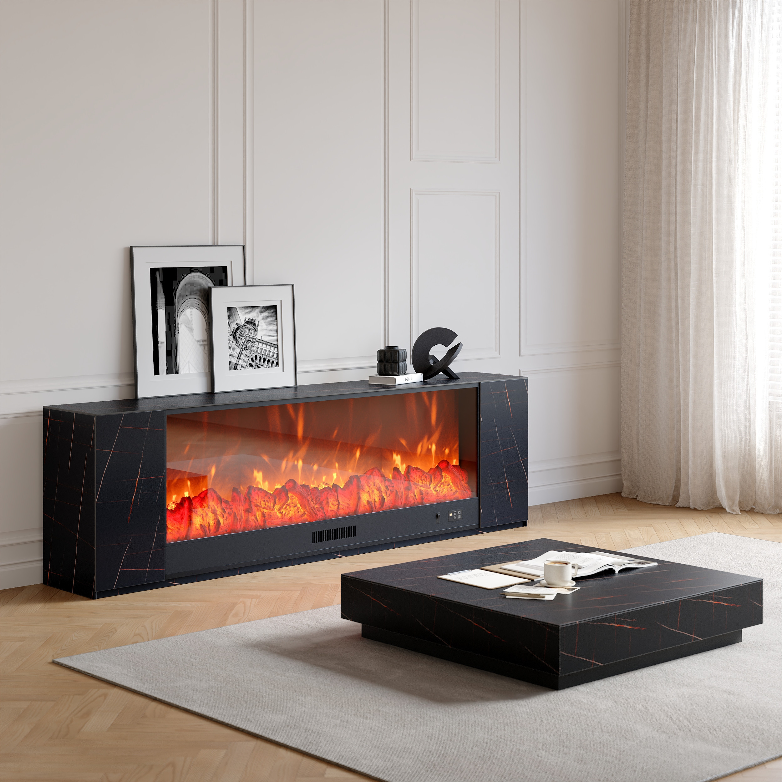 87" Modern Black Marble Veneer Sintered Stone Electric Fireplace TV Stand with Remote Control Temperature Adjustable & Coffee Table Set | Homary