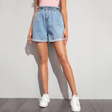 Solid Paperbag Waist Rolled Hem Denim Shorts | SHEIN
