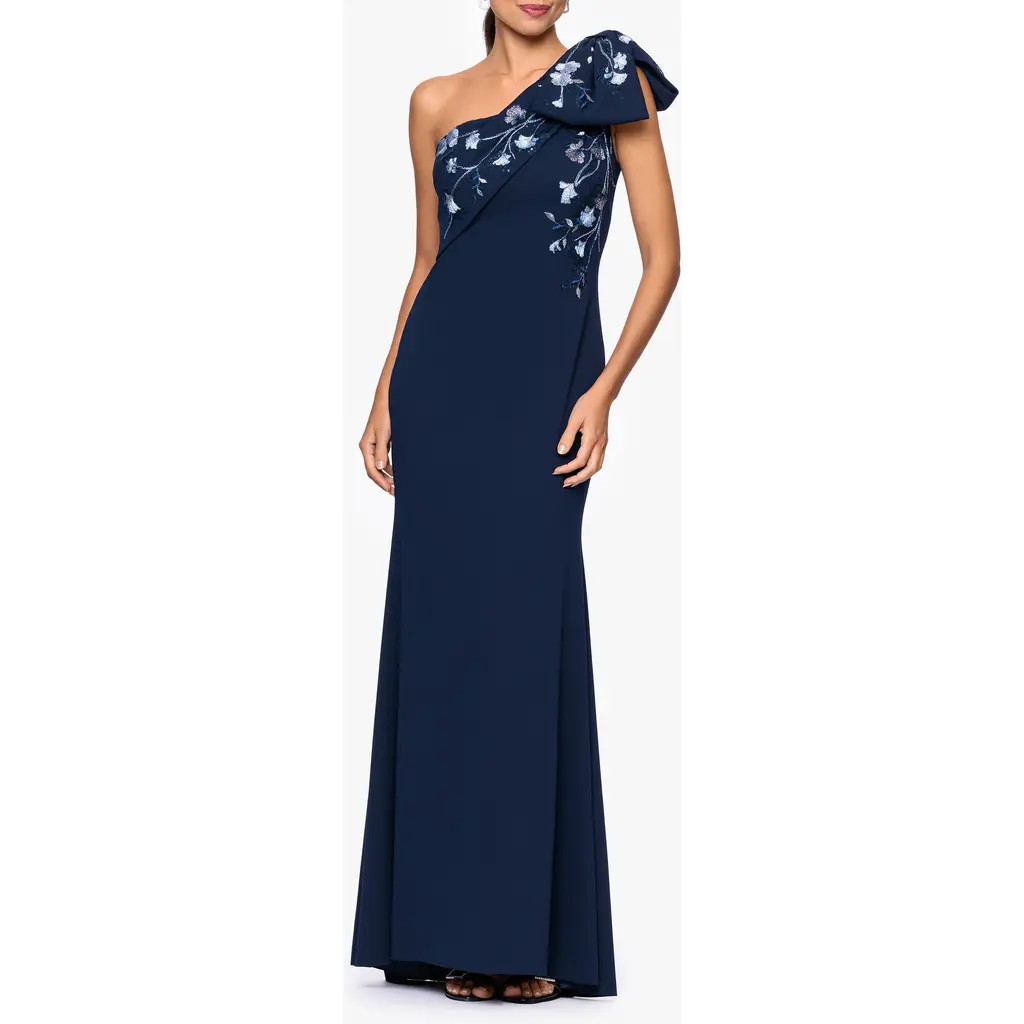 Betsy & Adam One-Shoulder Crepe Gown in Navy at Nordstrom, Size 8 | Nordstrom