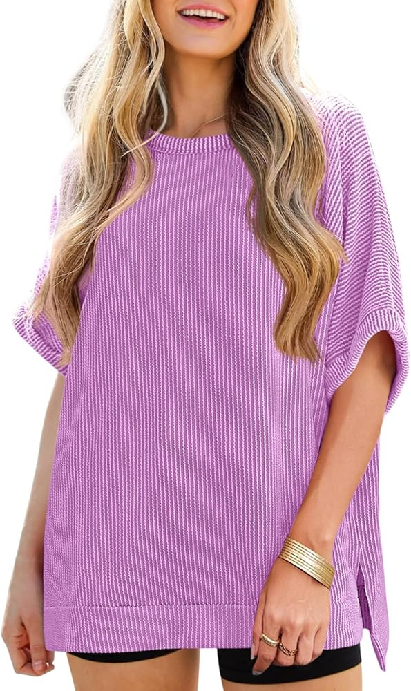 Tankaneo Womens Oversized T Shirts Summer Casual Ribbed Batwing Short Sleeve Tunic Tops Loose Fit... | Amazon (US)