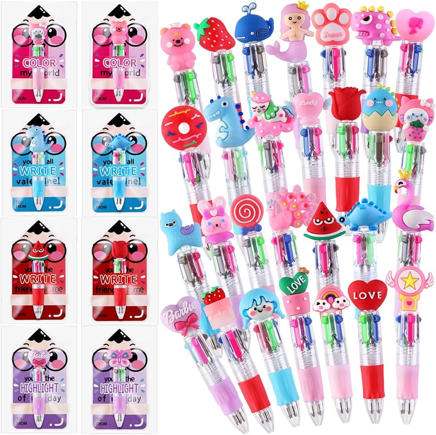 30 Pack Valentines Fun Pens with Cards 0.7mm Cute Animal Multicolor Ballpoint Pens Retractable 4 ... | Amazon (US)