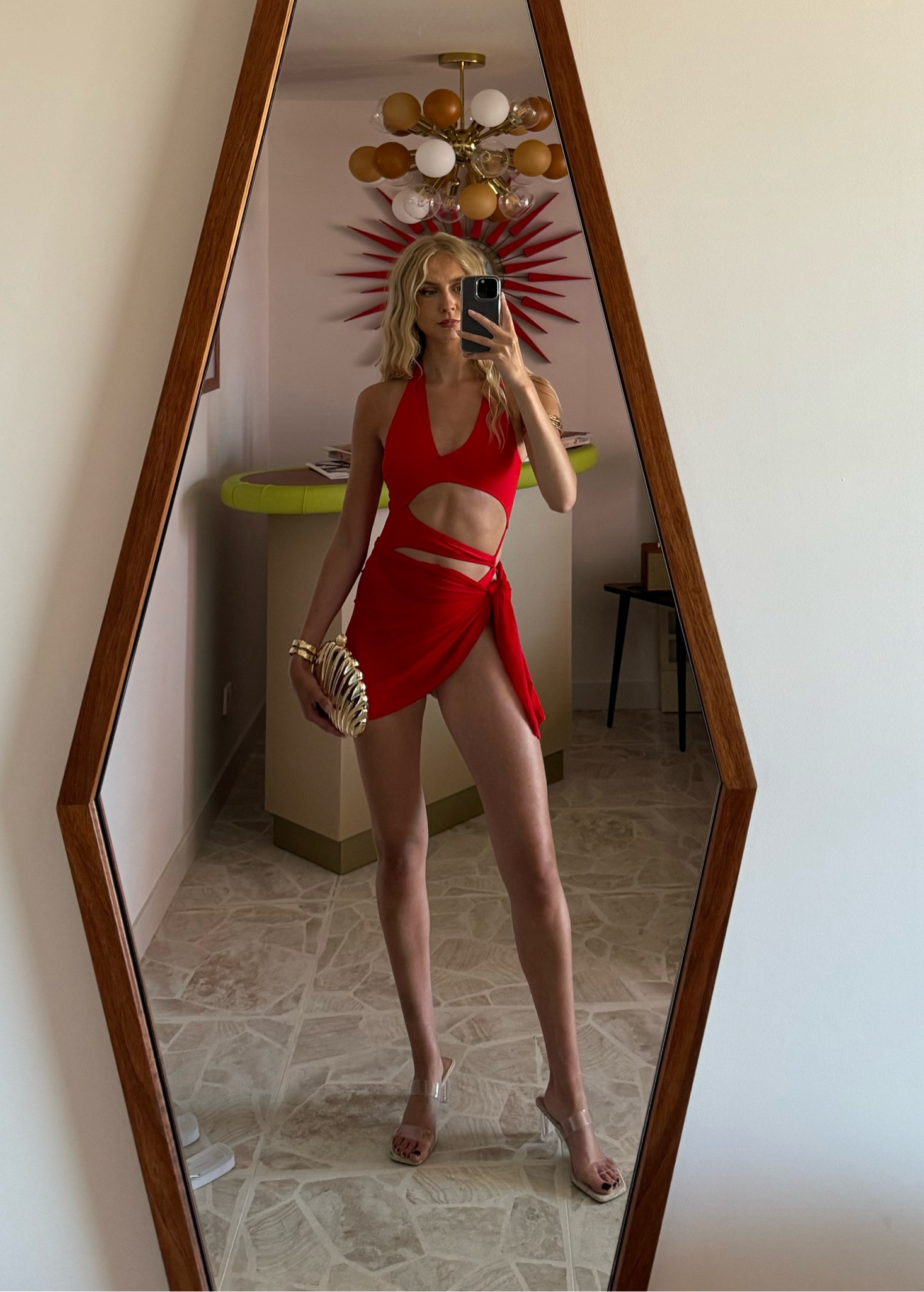 Summer Outfit, Beach Outfit, Summer Vibes, Beach Wear, One Piece Swimsuit, Red Swimsuit, Red Sarong, Cut Out Swimsuit, Seashell Bag, Gold Seashell Clutch, Transparent High-Heeled Sandals

#LTKstyletip #LTKuk #LTKsummer