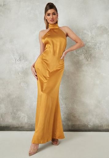 Tall Yellow Satin Halter Neck Maxi Dress | Missguided (US & CA)