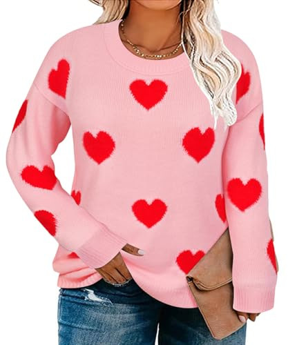 RITERA Plus Size Valentine's Day Sweater Shirt for Women Long Sleeve Pullover Raglan Hot Pink Love Heart Tops Round Neck Winter Tee 2XL 18W 20W | Amazon (US)