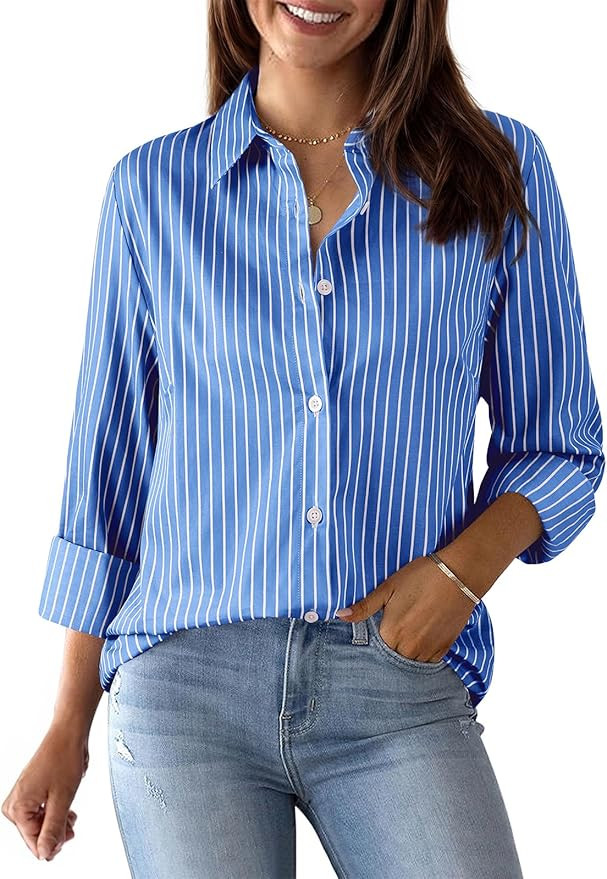 Womens Button Down Shirts Cotton Striped Dress Shirt Long Sleeve Collared Office Work Pinstripes ... | Amazon (US)