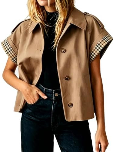 Womens Loose Trench Vest Cap Sleeve Lapel Button Jacket | Amazon (US)