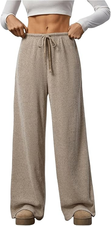 Women's Wide Leg Ribbed Knit Pants Drawstring Waist Low Rise Casual Long Trousers | Amazon (US)
