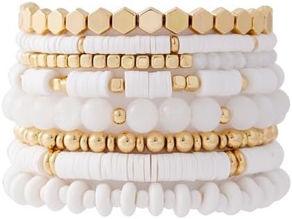 GOOJIDS Surfer Heishi Clay Bead Bracelets for Women Bohemian Stackable Gold Plated Beaded Stretch... | Amazon (US)