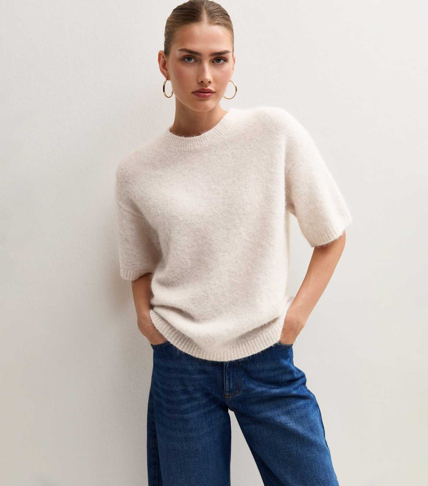Cream Knitted Oversized Short Sleeve Top with Wool | New Look | New Look (UK)