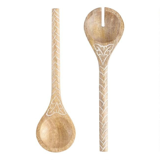 White Etched Wood Salad Servers Set of 2 | World Market