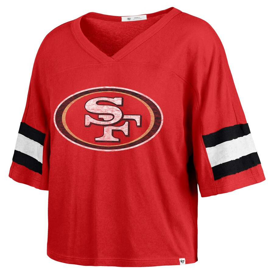 San Francisco 49ers '47 Women's  Double Header Scout Cropped V-Neck T-Shirt - Scarlet | Fanatics