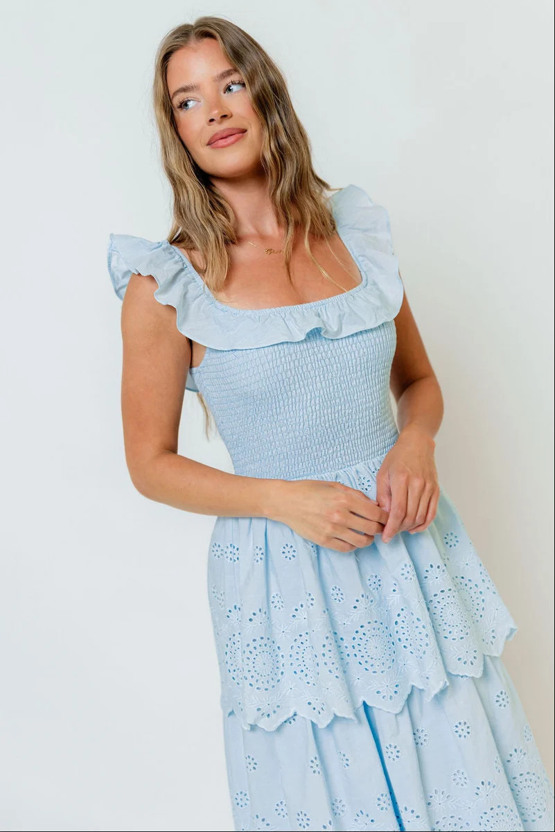 Ashlynn Ruffled Smocked Eyelet Tiered Maxi Dress in Light Blue | Worth Collective
