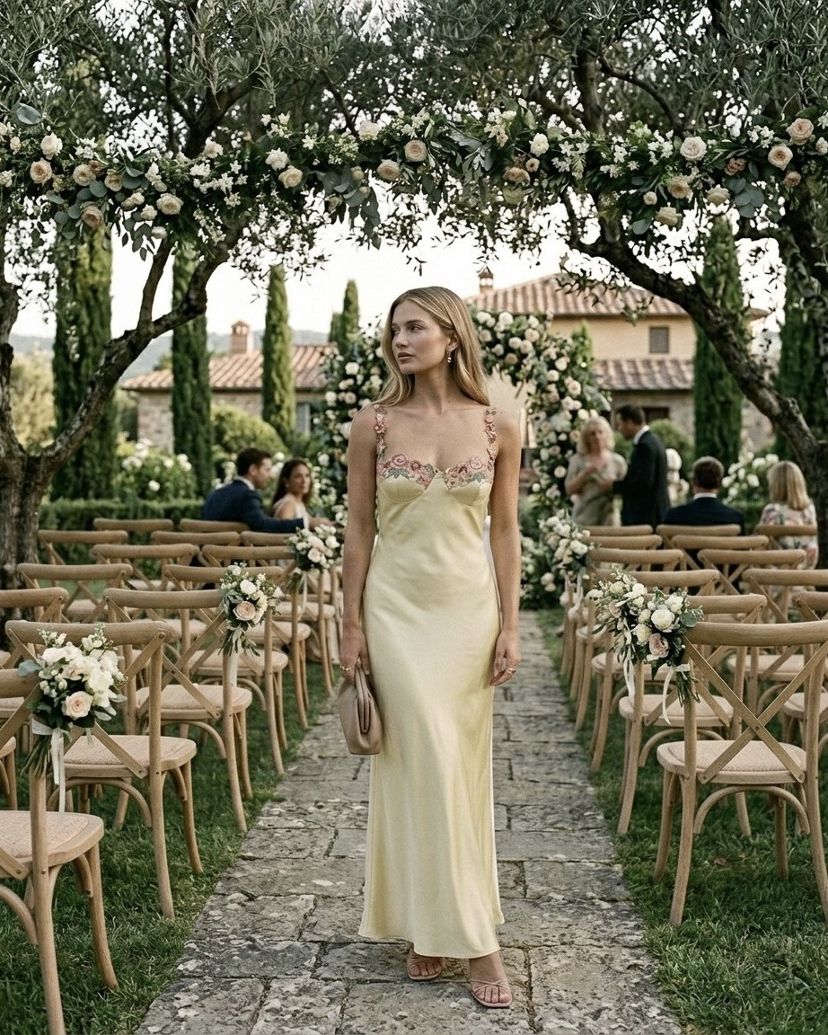Oh, wear this for a countryside wedding guest look. This buttery yellow silk slip dress perfectly balances a minimalist silhouette with romantic, intricately embroidered floral bustier details. Keep the styling effortlessly quiet-luxury with a neutral leather pouch clutch, simple strappy sandals, and delicate drop earrings. Link in bio to shop the look!
#ohwearthis #weddingguestdress #countrysidewedding #luxurystyleblog #slipdress

#LTKootd #LTKWedding #LTKSaleAlert