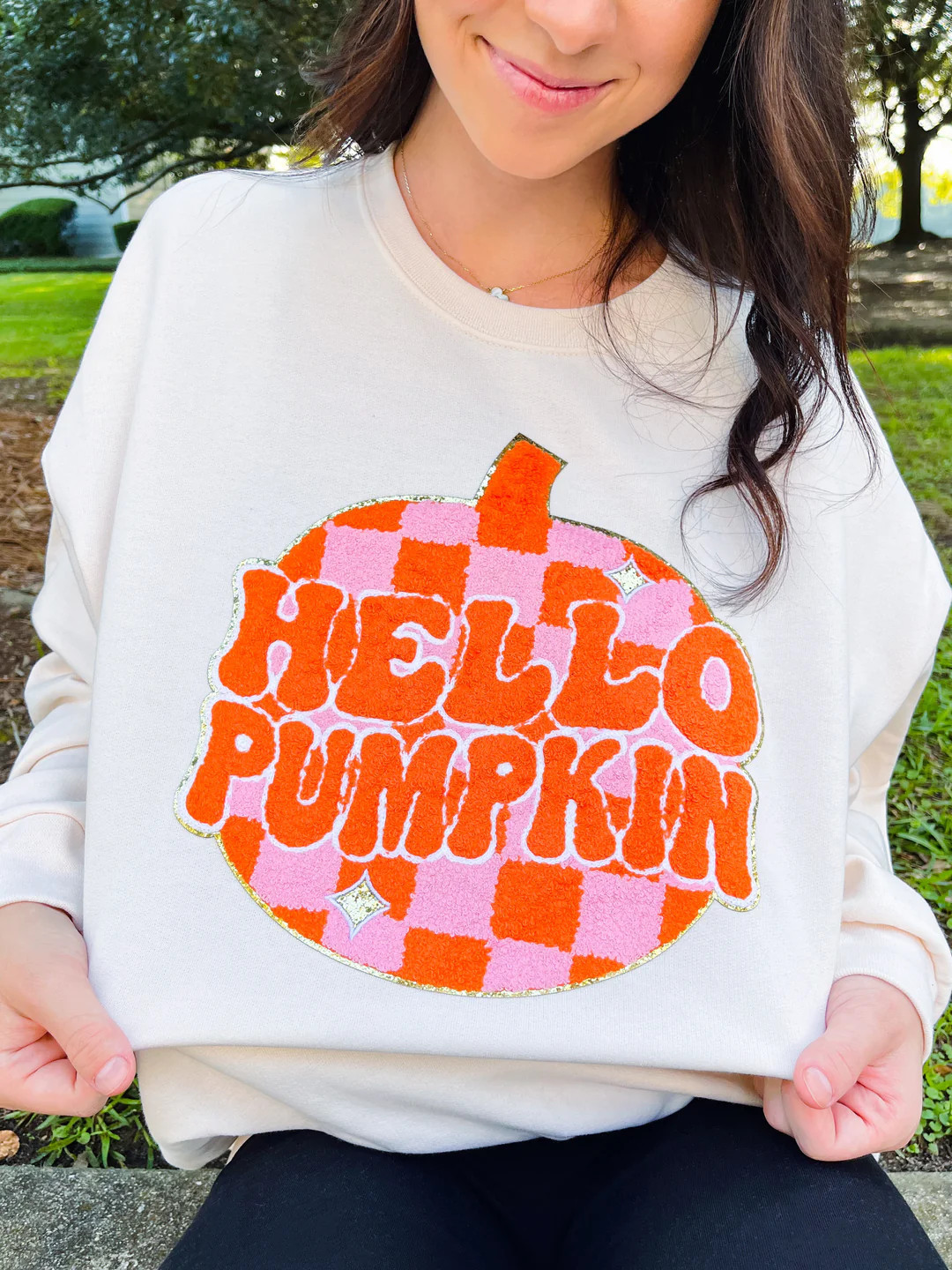 'Hello Pumpkin' Letter Patch Crewneck Sweatshirt | United Monograms