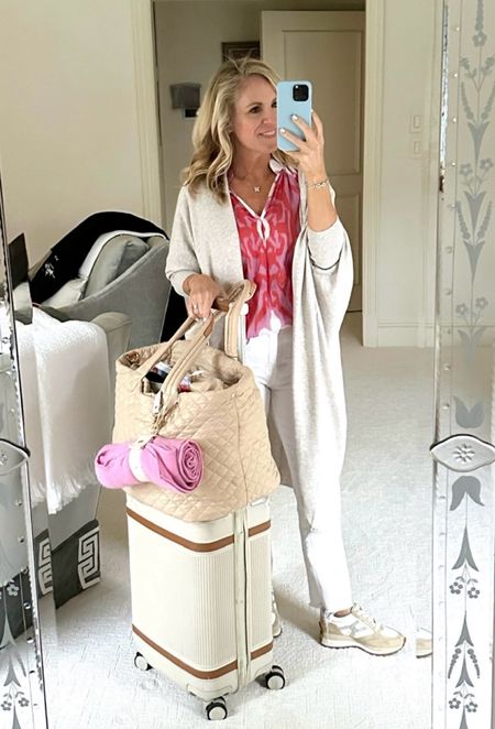 Travel style
Mersea Lightweight but cozy long cardigan sweater 
The most comfortable and flattering white jeans 
Paired with a colorful shirt in French top and my favorite Veronica Beard sneakers 
My holy grail, travel set includes the MZ Wallace deluxe metro tote and the Paravel aviator plus carry-on 
For more packing tips, go to Aliciawoodlifestyle.com and search packing!

#LTKover40 #LTKstyletip #LTKSeasonal