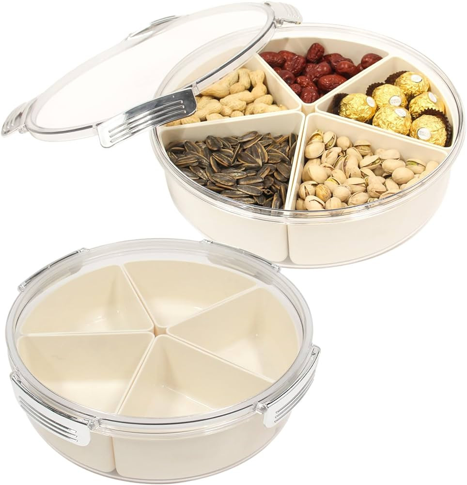 Yuroochii Upgraded Round Divided Serving Tray with Lids, 5-Compartment Snackle Box Container, Veg... | Amazon (US)