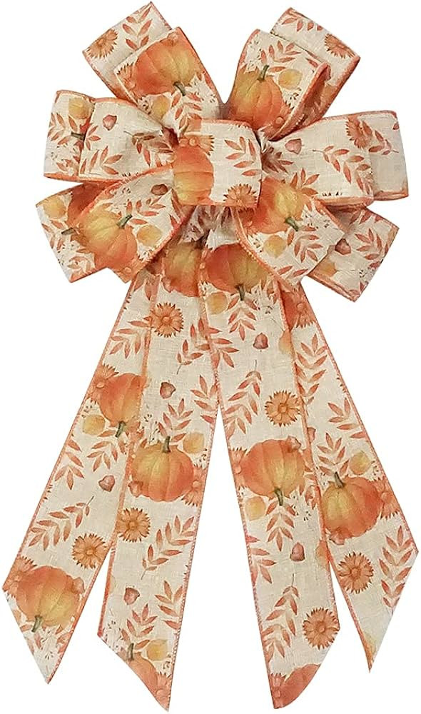 Large Fall Bows for Wreath, Thanksgiving Pumpkin Wreath With Autumn Leaves, Tree Topper Bow, Oran... | Amazon (US)