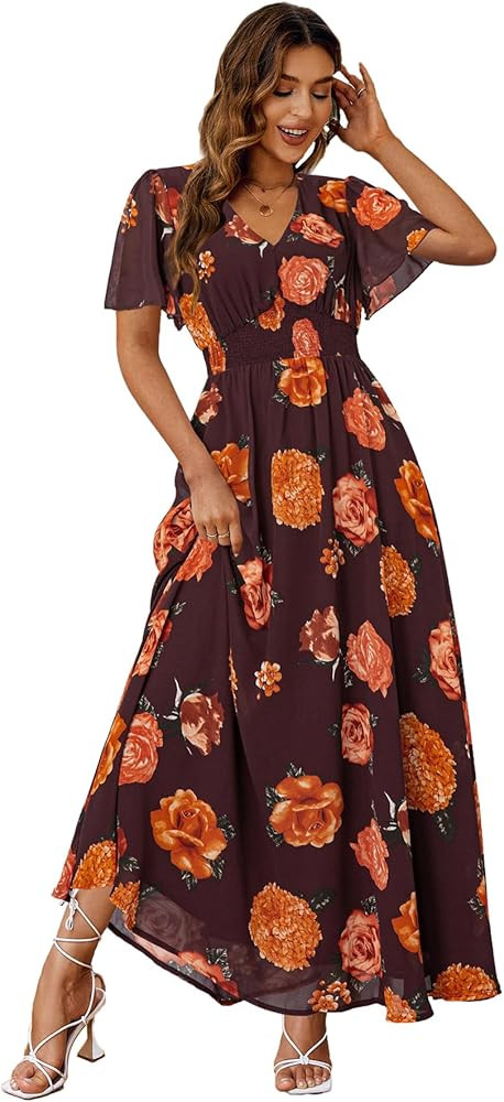 Simplee Women's Boho Floral Maxi Dress Flowy Casual V Neck Short Sleeve Wedding Guest Holiday Bea... | Amazon (US)