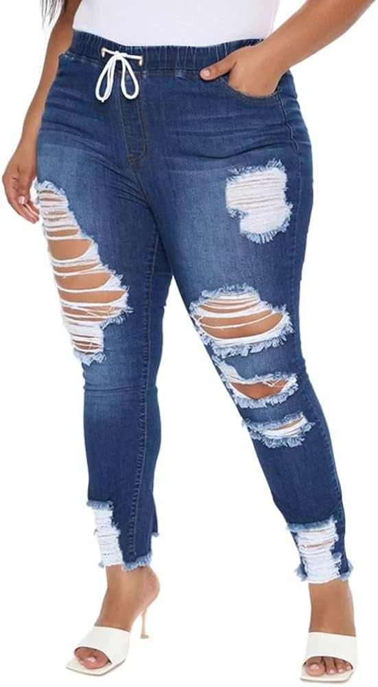 ALLABREVE Womens Plus Size Skinny Jeans Stretchy High Waisted Ankle Jean Ripped Slim Fit Washed D... | Amazon (US)