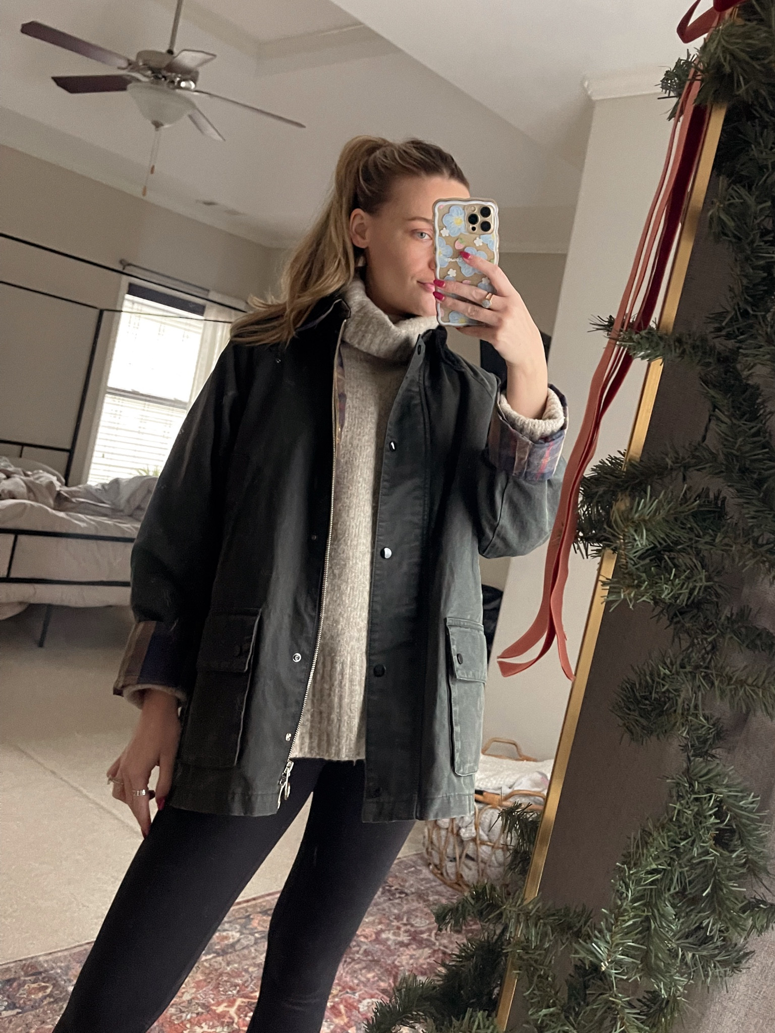 Over sized Mango waxed jacket. Wearing a size small!