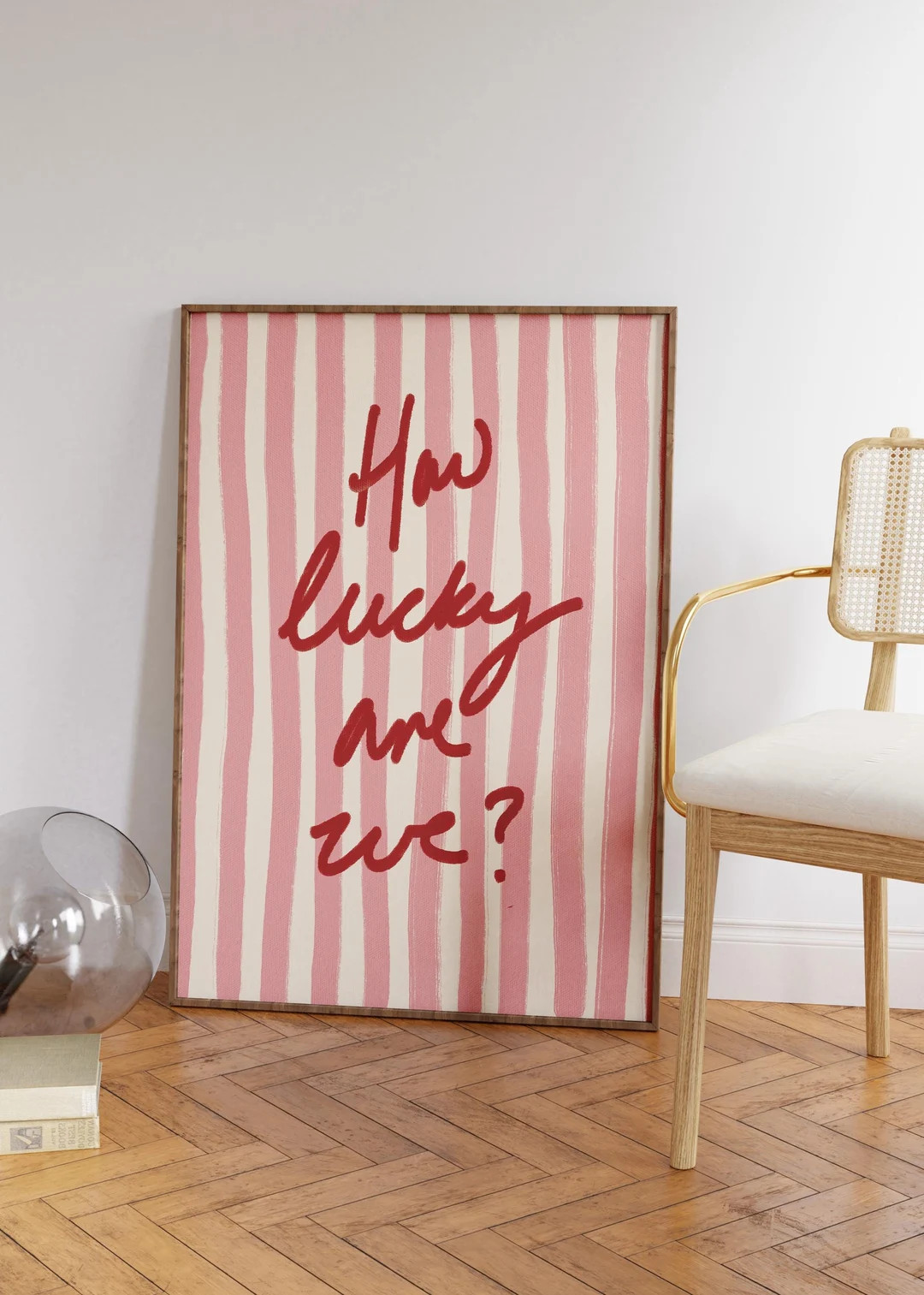 How Lucky Are We Print, Pink Red Stripe, Trendy Aesthetic Home Decor, Cute Positive Quote Gift, G... | Etsy (US)