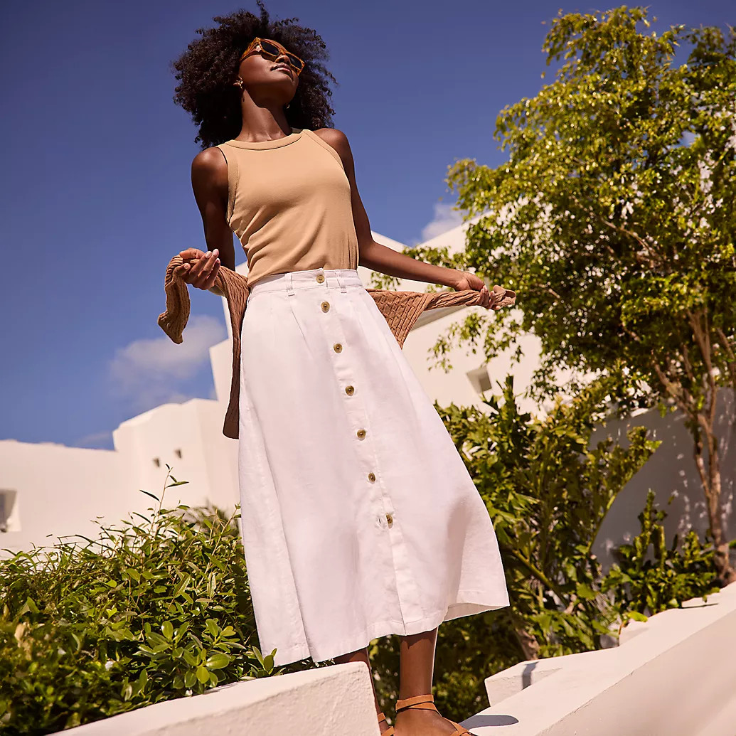 Women's Button Front Linen Midi Skirt | Lands' End (US)