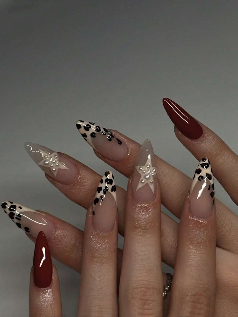 24pcs Medium-Length Almond Press On Nails&Fake Nails, White French Border With Leopard Print Patt... | SHEIN