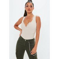 Nude Button Front Sleeveless Ribbed Bodysuit, Nude | Missguided (UK & IE)