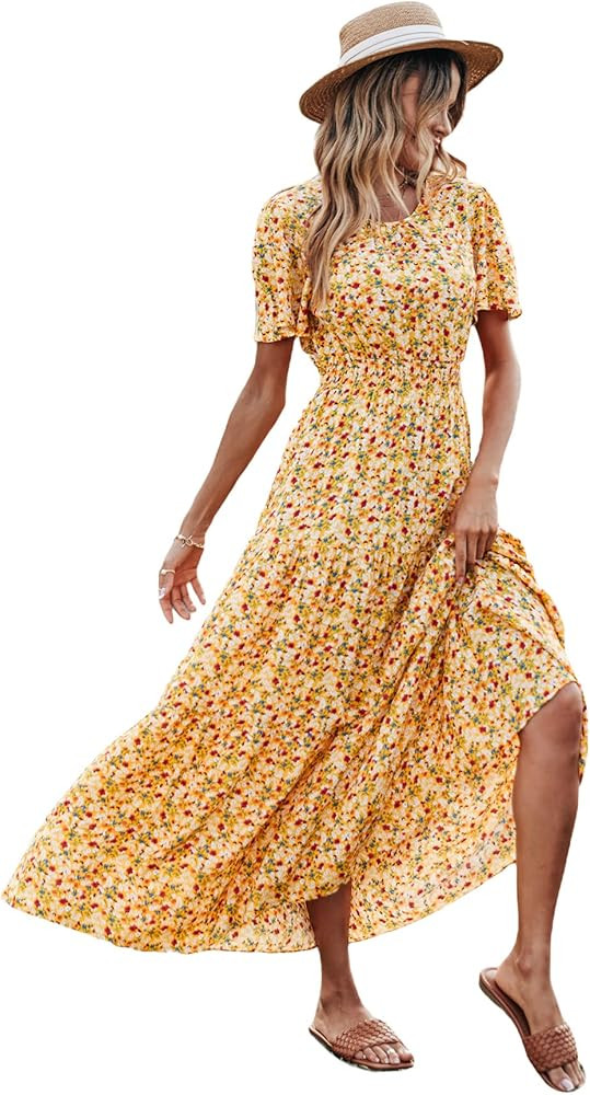Floerns Women's Short Sleeve Boho Floral Dress A Line Smocked Midi Dress | Amazon (US)