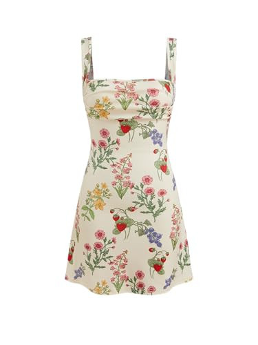 CIDER Women's Summer Floral Dress Square Neck Mini Dress Sleeveless Cute Sundress Party Dresses Trendy 2025 Beige | Amazon (US)