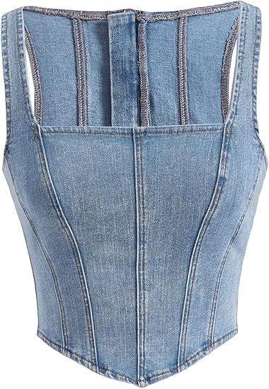 Verdusa Women's Square Neck Sleeveless Asymmetrical Denim Tank Crop Top | Amazon (US)