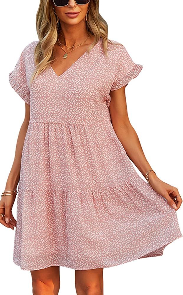 CCTOO Women’s Summer Dress Sleeveless Ruffle V Neck Tunic Dress Floral Casual Loose Flowy Mini Dress | Amazon (US)