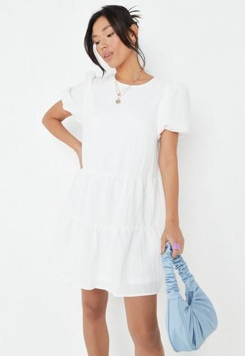 White Crinkle Tiered Midi Smock Dress | Missguided (US & CA)