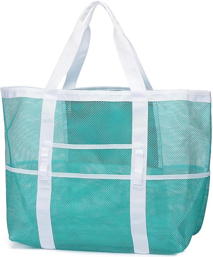 Beach Bag, F-color Mesh Beach Bag Oversized Beach Tote 9 Pockets Beach Toy Bag | Amazon (US)